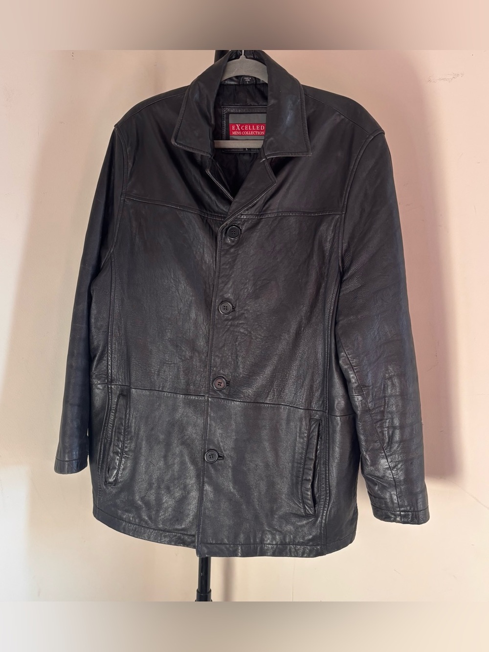 EXCELLED Men's Black Leather Pea Coat